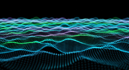 Vibrant digital wave pattern with colorful neon lights on black background