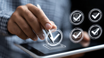 Person using stylus to check marks on tablet with glowing security icons