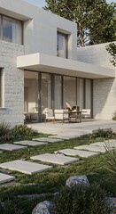 Minimalist Home: 3D Render with Textured Walls & Lush Garden Path
