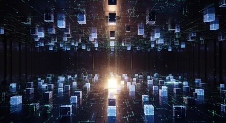 Numerous glowing digital cubes fill a futuristic, dark tunnel structure with a bright central light source