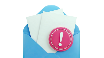 Blue open envelope with blank paper and pink exclamation mark alert icon