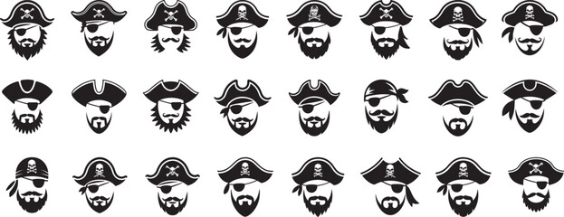 Collection of various stylized pirate character icons silhouette Each icon should include a pirate hat eyepatch and distinct mustache or beard style  pirate themed games childrens party. © Madusanka