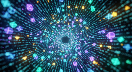 Vibrant digital tunnel of colorful data points and symbols