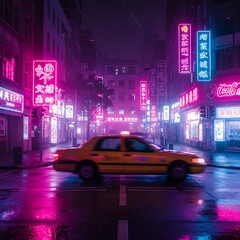 Neon City Rush: Yellow Cab in Electric Rain