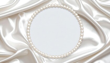 Elegant close-up of off-white silk draped with a pearl necklace forming a circular frame