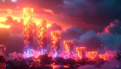 Animated art of fiery, vertical structures descending in size, set amid surreal clouds and a vibrant sky, suggesting potential decline