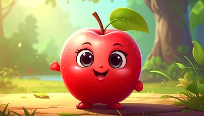 Animated, anthropomorphic red fruit with big eyes, leaf and stem, stands outdoors on wooden surface. Background is blurry green foliage