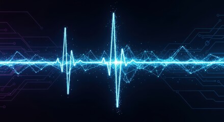 Illuminated blue digital wave pattern pulsates across a dark background featuring electronic pathways.