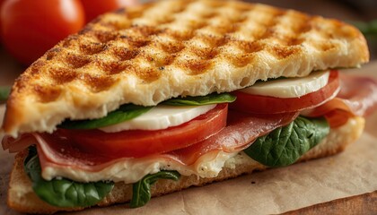 Panini Sandwich Delight: a close-up shot of a tantalizing panini sandwich features a symphony of fresh ingredients, including ripe tomato slices, mozzarella cheese, and spinach leaves.