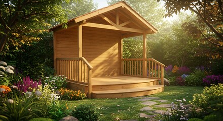 Sunlit Wooden Gazebo: Garden Retreat 3D Render