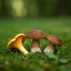 Forest Bounty: Mushrooms in Emerald Grass, Sunny Glade