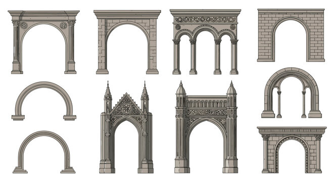 Selection of classic and ornate stone architectural arches in different historical styles like gothic and roman for building design and decor.
