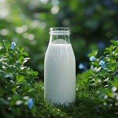 Milk Bottle in Lush Greenery, 3D Render, Soft Light