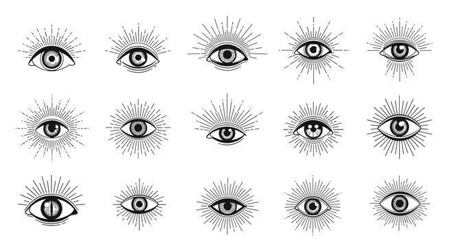 Comprehensive collection of hand-drawn mystical sun and eye symbols with radiant beams and ethereal lines for esoteric and spiritual branding.