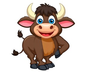 Animated bovine with large eyes and a friendly expression, featuring tan and brown colorations and large horns. Cartoon animal on white