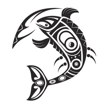 Tribal Salmon Fish Vector Illustration in Haida Style, Black and White Indigenous Northwest Coast Art.