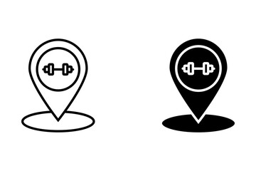 gym location map pointer, weight icon with location pin, black symbol isolated on white background, vector marker, fitness studio sign