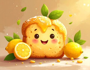 Animated bread with a smiling face is topped with syrup and decorated with lemons and green leaves, bright background