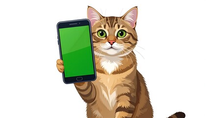 Animated brown tabby cat holding a smartphone with a blank, green screen against a white background. It has bright green eyes