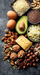 Obraz premium Nutritious high-fat food assortment on dark surface
