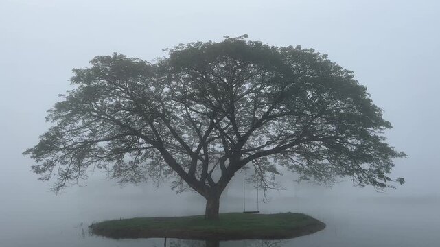 Lone Tree on a Tiny Island Surrounded by Morning Mist and Still Water