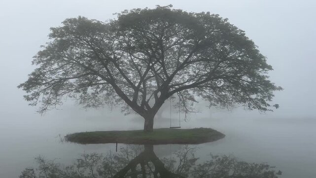 A breathtaking and peaceful scene featuring a majestic, wide-spreading tree standing alone on a small circular island.