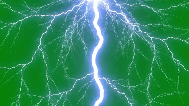 Bright Blue Lightning Bolt Cracks Across Green Background.