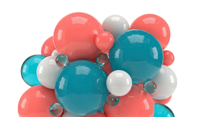 Abstract composition of glossy spheres in coral, teal, and white