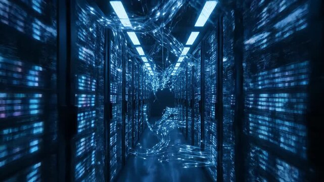 Data Center Server Room Footage, Cyber Technology, Blue Illuminated Server Racks, Dark Environment, Low Angle View