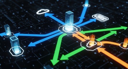 Digital data streams flow across a glowing circuit board toward various abstract connection points.