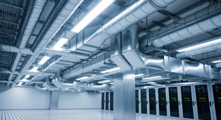 Exposed metal ventilation and lighting systems dominate the ceiling of a large interior industrial space housing equipment racks