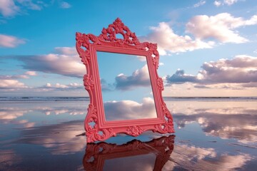 A vivid pink ornate mirror stands on wet sand as the sea and sky mirror each other. This surreal scene blends art and nature, creating a dreamy coastal composition.