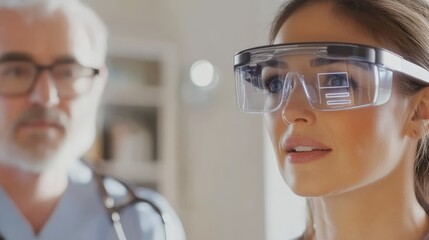 Woman immersed in virtual reality with augmented reality glasses man observes interaction.