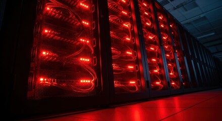 Rows of electronic equipment cabinets illuminate the interior of a massive computing facility with intense red indicator lights.