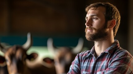 Man overseeing herd of cows grazing in lush green pasture under bright sunny sky.