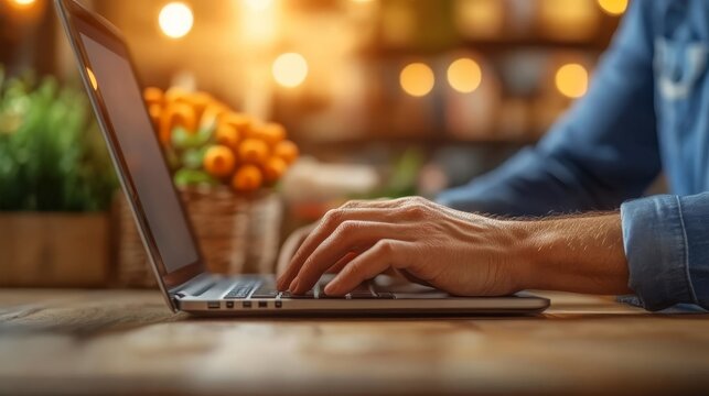 Man typing on laptop keyboard professional working on computer busy office environment digital communication. - Powered by Adobe