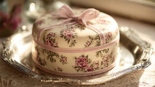 Vintage Round Cake with Pink Floral Design on Elegant Silver Tray