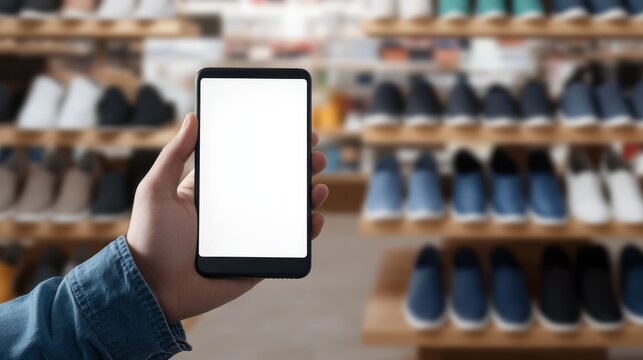 Person holding smartphone in front of modern retail store facade with vibrant signage. - Powered by Adobe