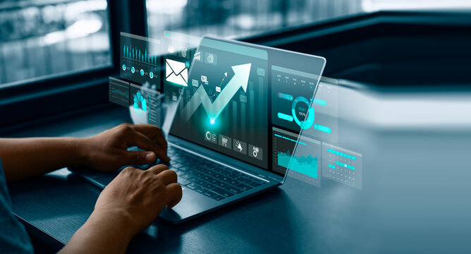 Business professional using laptop with virtual email marketing analytics dashboard, showing campaign performance charts, inbox communication icons, and growth metrics for digital marketing strategy