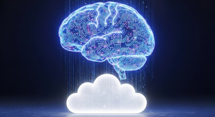 Glowing digital brain circuit board hovers above a luminous data storage receptacle against a dark background.