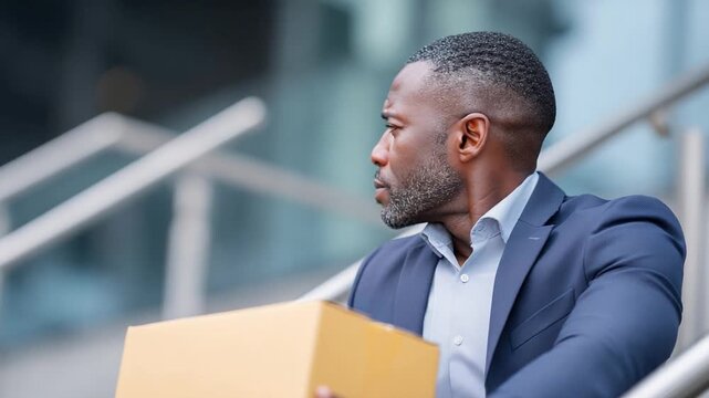 Facing the Unseen: A poignant portrait captures a man, box in hand, descending steps, the expression of uncertainty and transition etched across his face, set against a backdrop of an office building.