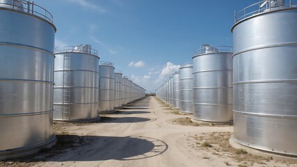 Industrial Storage Tanks Aligned in a Desert Landscape Under Clear Blue Sky