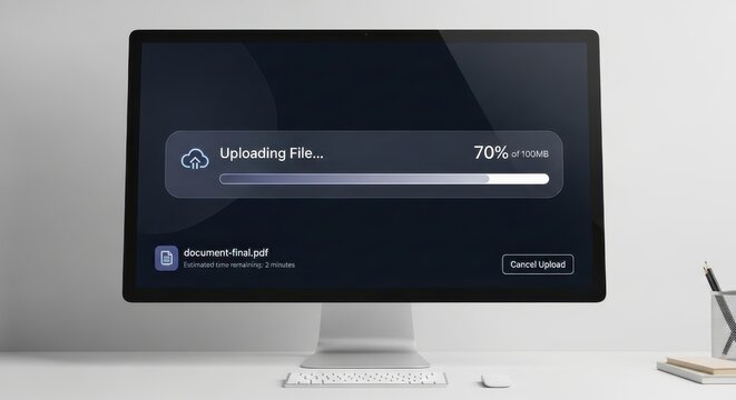 Digital display shows active process of transferring data over a network connection - Powered by Adobe