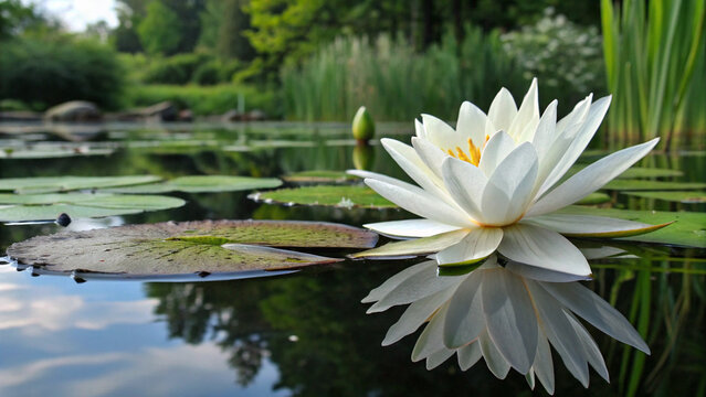 Wide Angle View of a White Water Lily in a Lush Botanical Garden Pond