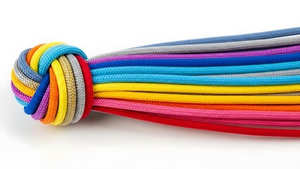 A colorful bundle of assorted threads neatly tied together viewed from the side on a plain surface
