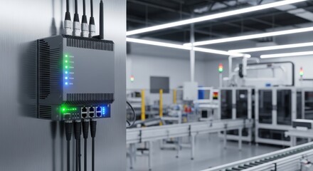 Industrial communication gateway device mounted on a metallic surface overlooking an automated production line.