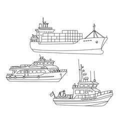 Obraz premium Line drawings of various maritime vessels including cargo ship, ferry, and tugboat on a plain background from a side viewpoint