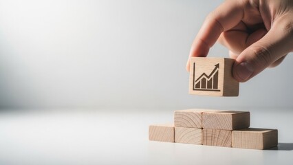 Hand placing final wooden block with rising growth chart on top of a base, representing building business success, strategic planning, investment and steady progress toward higher performance


