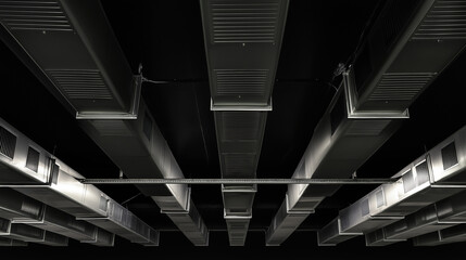 Industrial HVAC Ceiling Ductwork Background, Symmetrical Metal Ventilation System, Dark Modern Factory Interior, Clean Geometric Perspective