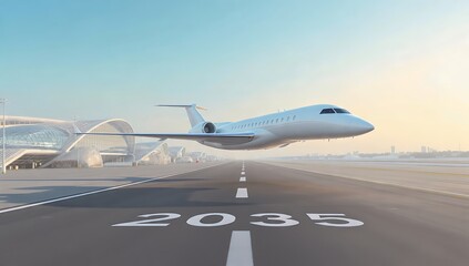 Sleek White Futuristic Aircraft Taking Off from Modern Airport Runway in 2035